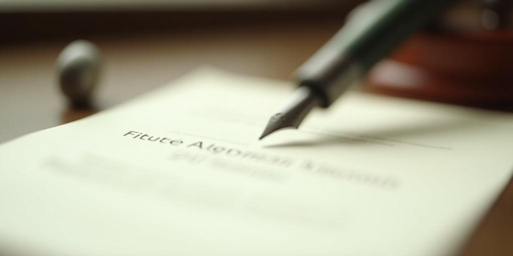 Close up of a legal document with a fountain pen on a mahogany desk